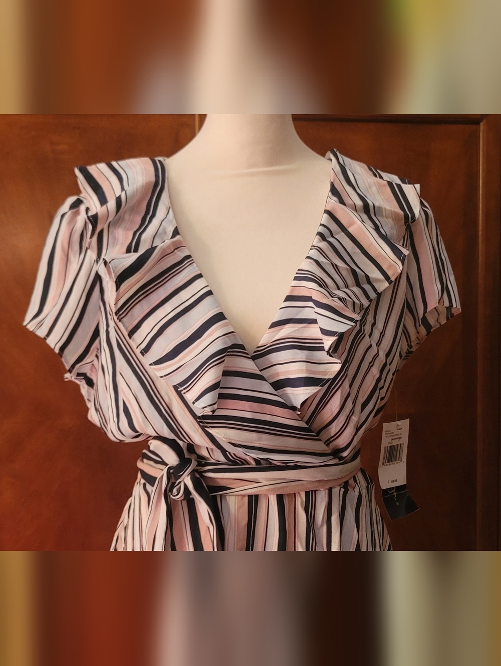 Ruffled Wrap Style Dress in Blush, Navy & White Stripes